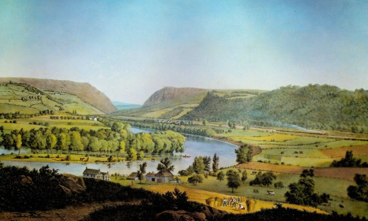 Currier and Ives print of the Delaware Water Gap, with farms and harvesters in the foreground