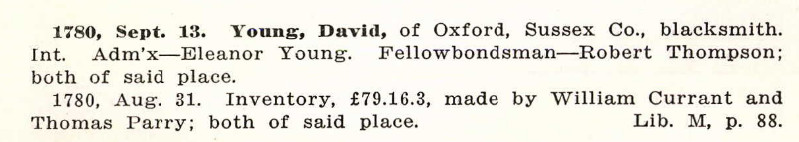 Abstract of the 1780 administration of David Young of Oxford, Sussex County, blacksmith