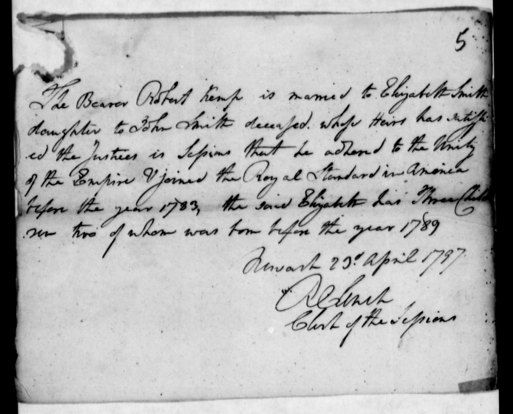 Handwritten Upper Canada land petition of Robert Kemp, made at Newark in April 1797, in iron-gall ink on folded paper.