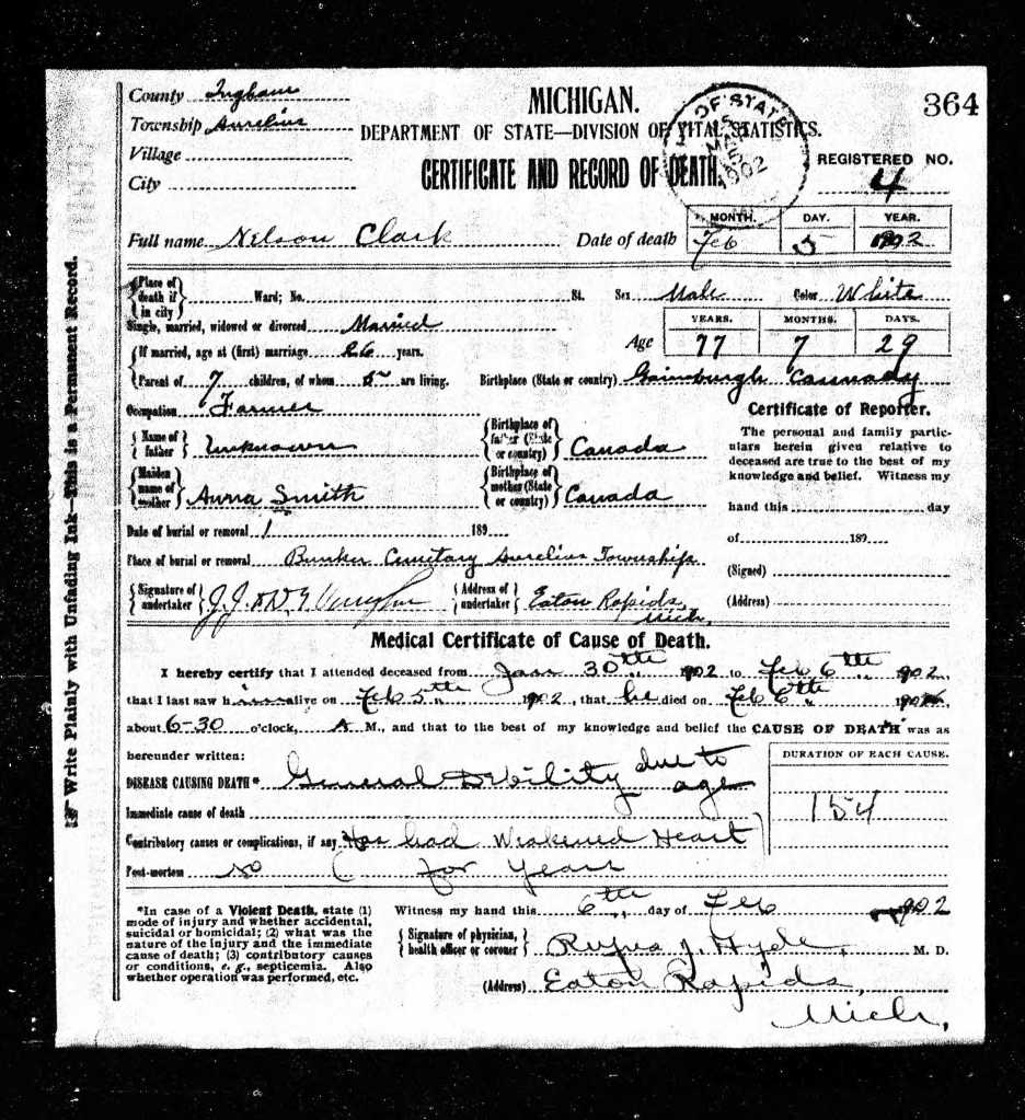 Detail of a printed and handwritten Michigan death certificate showing entries for the deceased's parents.
