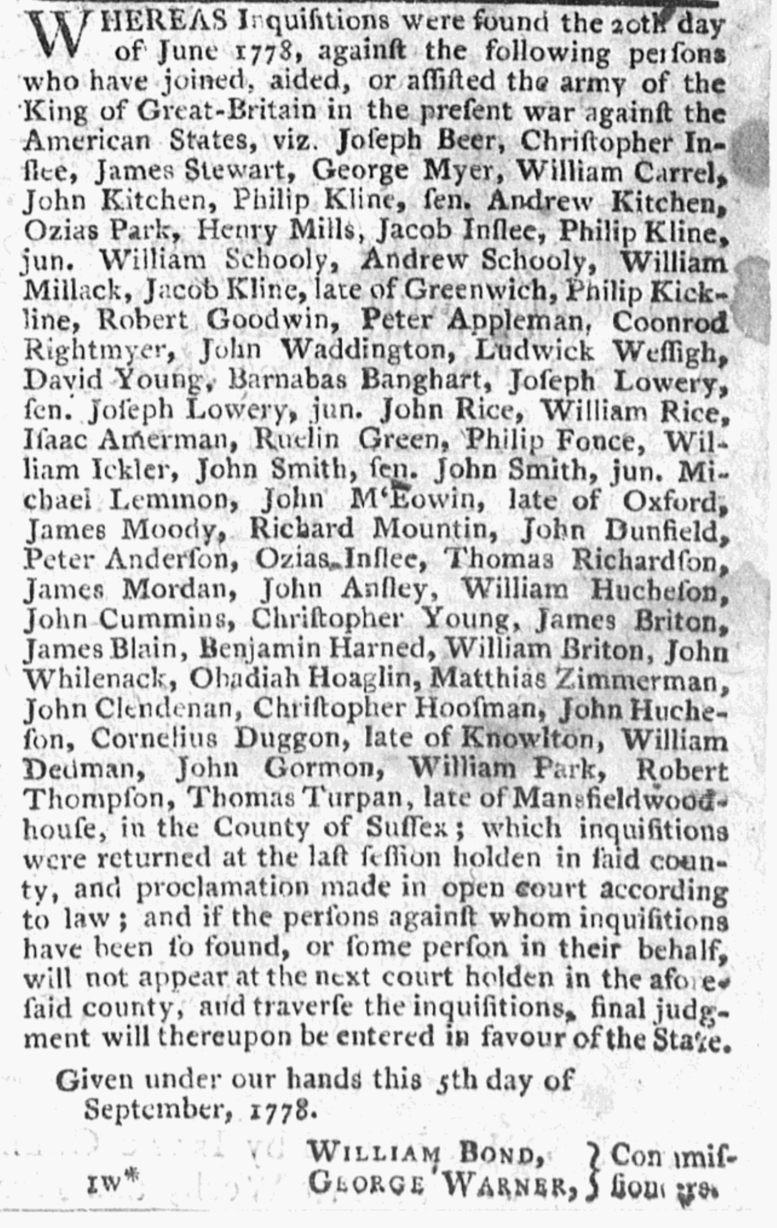 New Jersey Gazette notice of 16 September 1778 listing men against whom inquisitions were found