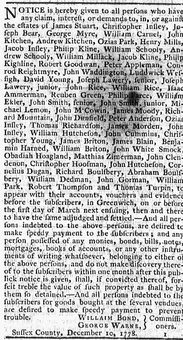 New Jersey Gazette notice of 27 January 1779 to creditors of the accused Sussex County men
