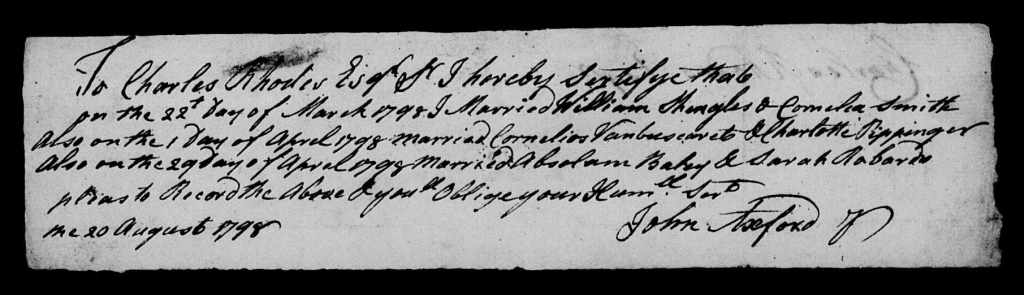 Handwritten Sussex County, New Jersey marriage record entry dated March 1798.