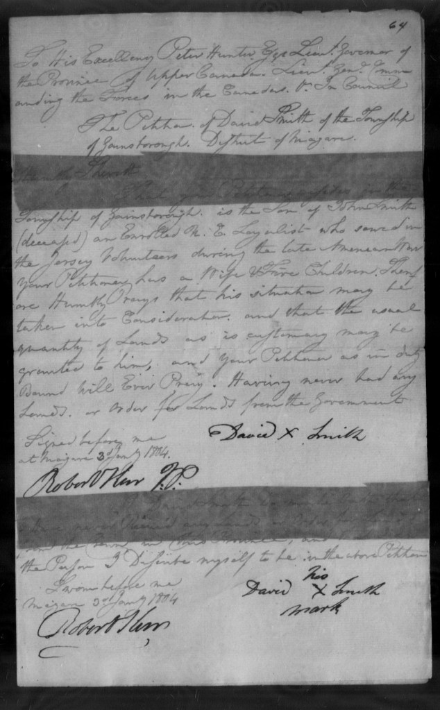 Handwritten Upper Canada land petition of David Smith, 1804, with a marginal endorsement.