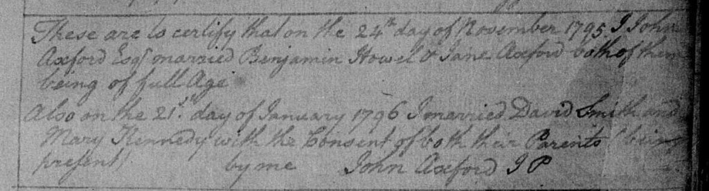 Handwritten Sussex County marriage return recording a marriage performed by a justice of the peace in 1796.