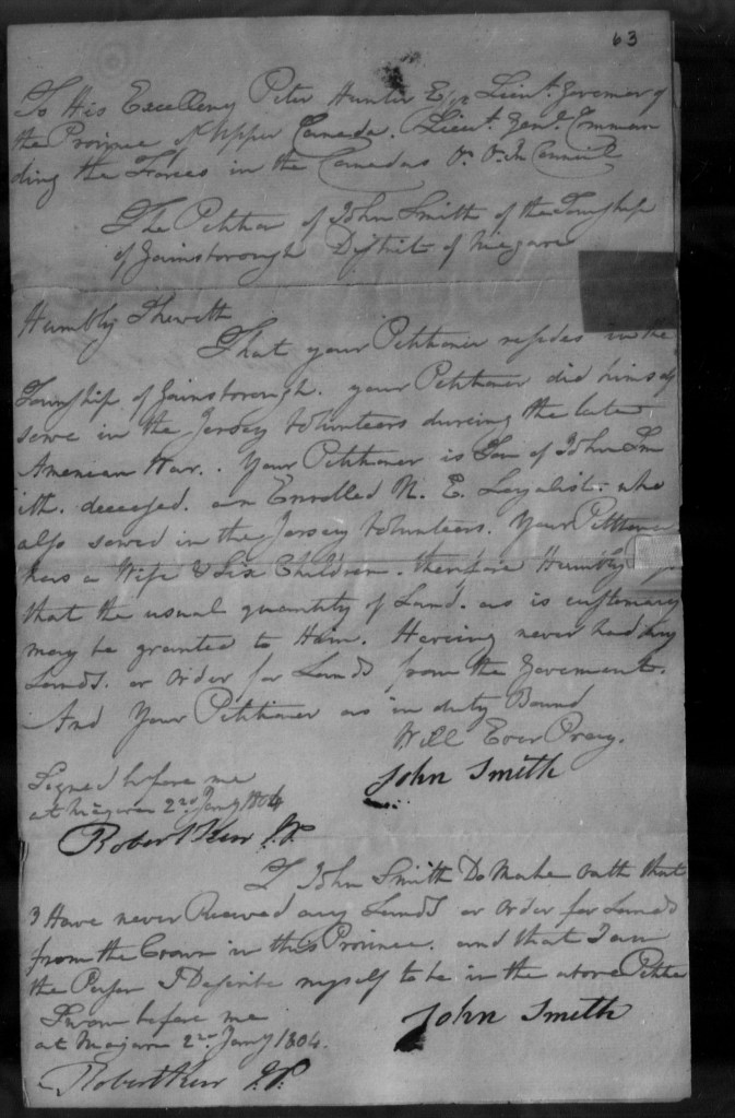 Handwritten Upper Canada land petition of John Smith, dated 2 January 1804, in iron-gall ink on laid paper.